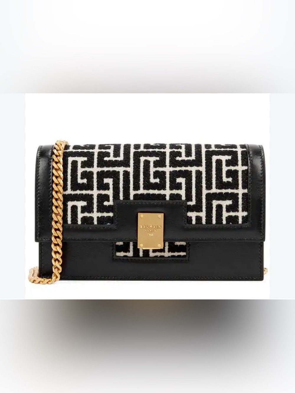 Balmain Black & White Logo Chain Shoulder Clutch with Gold Hardware